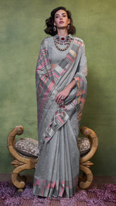 Grey and Pink Line Patterned Handloom Cotton Saree